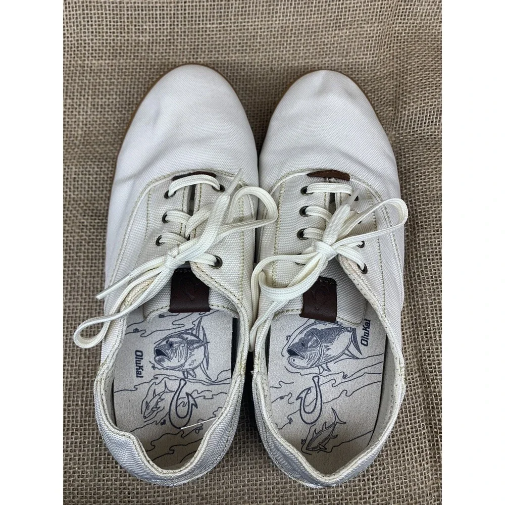 OluKai Men's White Kahu‎ Lace Up Canvas Boat Shoe Size 8 EUR 40